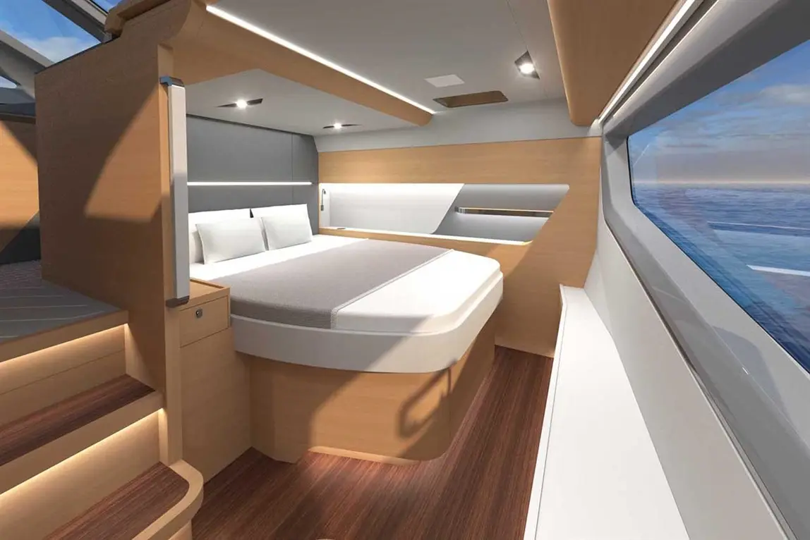Modern yacht interior featuring a double bed, wooden decor, and a large window with ocean views. Soft lighting enhances ambience.